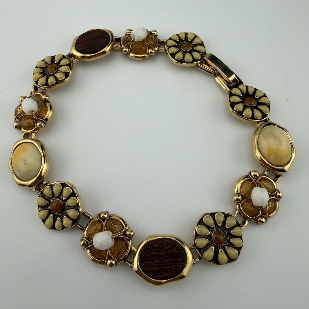 LC Lauren Conrad Link Bracelet 7.5in Gold Tone Wood Enamel Floral Earthy Boho